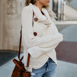 2019 Autumn Winter Women's Fashion Knit Sweater Buttons Loose Pullovers Coat Warm High Collar Irregular Sweater Plus Size