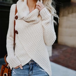 2019 Autumn Winter Women's Fashion Knit Sweater Buttons Loose Pullovers Coat Warm High Collar Irregular Sweater Plus Size