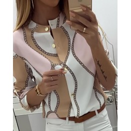 2019 Autumn Women Elegant Leisure Top Female V-Neck Basic Shirt Adjustable Sleeve Chains Print Button Design Casual Blouse