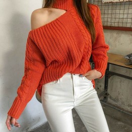 2019 Winter Women Sweaters Solid Casual One Shoulder Pullover Basic Jumper Autumn Turtleneck Knitted Knit Sweater Female