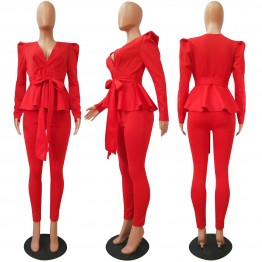 Adogirl Bow Ruffle Fashion Casual Two Piece Set Office Lady Business Suit V Neck Long Sleeve Blazer Top Pencil Pants Work Wear