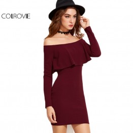 Women's Long Sleeve Burgundy Off Shoulder Mini Dress