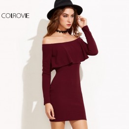 Women's Long Sleeve Burgundy Off Shoulder Mini Dress
