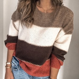 Fashion Patchwork O-neck Autumn Winter Sweater 2019 Women Long Sleeve Warm Knitted Sweaters Pullover Female Tops Jumper