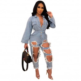 Hollow Ripped Denim Rompers Womens Jumpsuit Turn Down Collar Long Sleeve Jeans Overall Casual Buttons Up Sashes Party Bodysuit