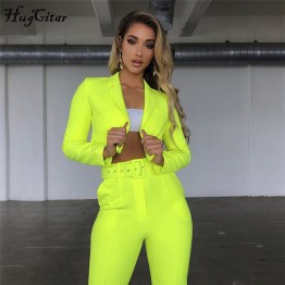Hugcitar neon 2 two piece crop tops pants set 2019 summer women fashion outfits trousers sets tracksuit streetwear