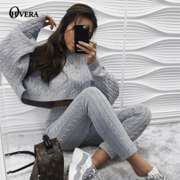 Ohvera Knitted 2 Piece Set Women Long Sleeve Crop Tops And Long Pants Sexy 2018 Winter Sweater Two Piece Set Outfits