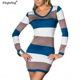 Women's Long-sleeved striped Casual V-neck Dress   