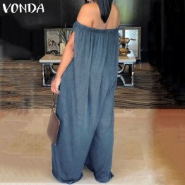 VONDA Rompers Women Jumpsuits Plus Size 5XL Wide Leg Jumpsuit Casual Solid Off The Shoulder Floor Length Playsuits Big Size Set